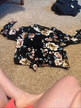 Iz Byer Black Floral Wrap Top with Blush & Cream Roses